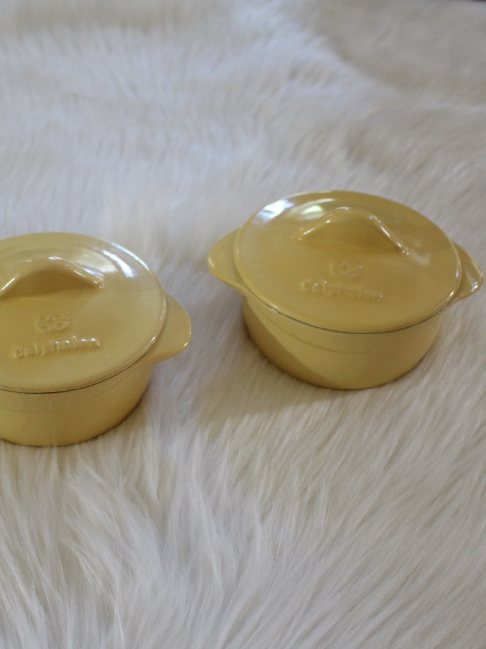 Calphalon, enameled cast iron  Yellow Mini soup pots with lids